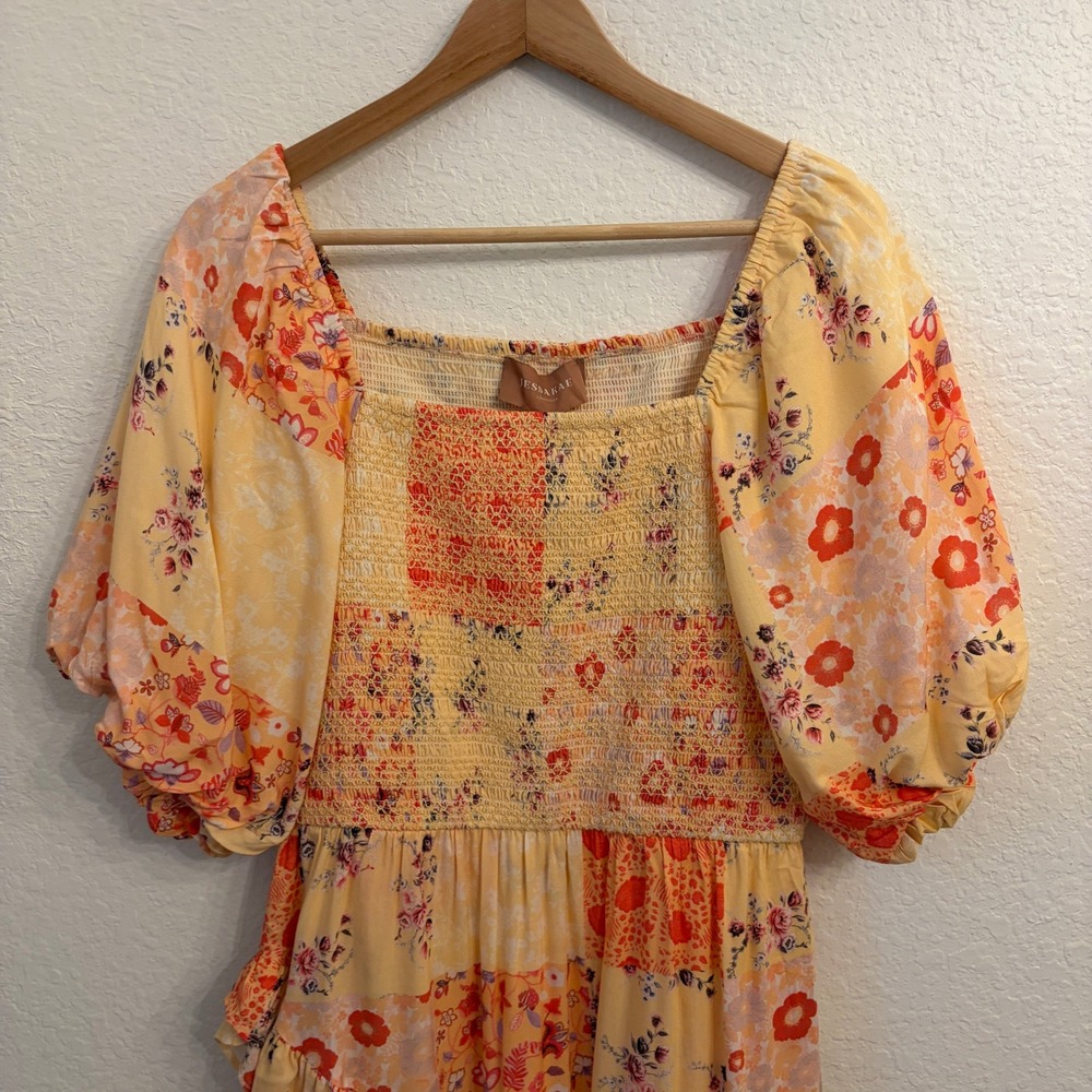 JessaKae Tweedle Dee Mini Dress L Floral Patchwork Smocked Puff Sleeve Boho NWT - Picture 8 of 12